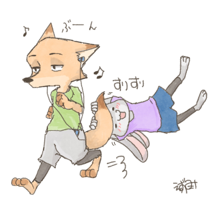 1:1 absurd_res anthro blush bottomwear canid canine clothed clothing disney dot_eyes duo ezumi_mh fox fully_clothed fur grey_body grey_fur hi_res jogging judy_hopps lagomorph leporid mammal musical_note nick_wilde orange_body orange_fur rabbit red_fox shirt shorts simple_background t-shirt topwear white_background zootopia