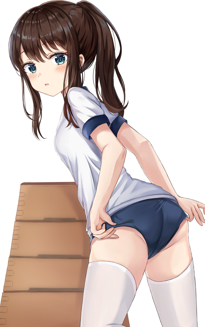 1girl absurdres aqua_eyes ass bangs blush breasts brown_hair buruma eyebrows_visible_through_hair feet_out_of_frame gym_uniform hair_between_eyes highres long_hair looking_at_viewer looking_back original parted_lips ponytail shirt short_sleeves sidelocks simple_background small_breasts solo stack standing thighhighs underwear white_background white_legwear white_shirt zeroillya