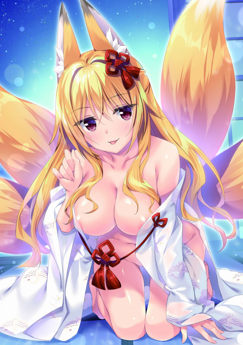 1girl :3 :p absurdres all_fours animal_ears areola_slip areolae barefoot blonde_hair blurry bokeh breasts collarbone convenient_censoring copyright_request depth_of_field eyebrows_visible_through_hair fox_ears head_tilt highres indoors japanese_clothes kitsune large_breasts long_hair looking_at_viewer multiple_tails navel open_clothes oryou purple_eyes sidelocks solo tail tongue tongue_out
