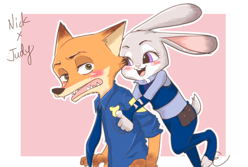 2016 anthro blush border canid canine clothed clothing disney duo ezumi_mh fox fully_clothed fur green_eyes grey_body grey_fur hi_res judy_hopps lagomorph leporid mammal necktie nick_wilde open_mouth open_smile orange_body orange_fur pink_background police_uniform purple_eyes rabbit red_fox shirt simple_background smile topwear uniform white_border zootopia