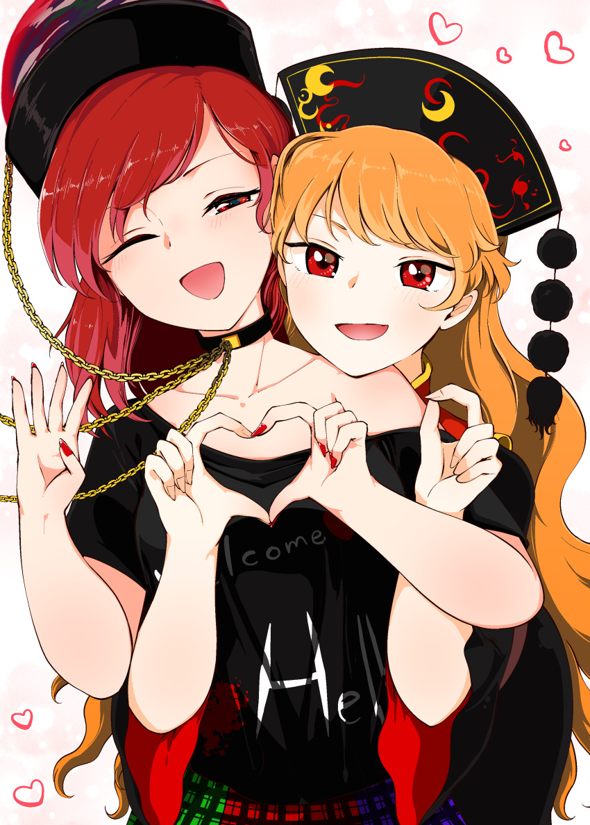 2girls :d ;d absurdres bangs black_shirt blonde_hair blush chain chinese_clothes choker eyebrows_behind_hair gradient gradient_background hat head_on_another's_shoulder head_rest head_tilt heart heart_hands heart_hands_duo hecatia_lapislazuli highres junko_(touhou) kaisenpurin long_hair looking_at_viewer medium_hair multicolored multicolored_clothes multicolored_skirt multiple_girls nail_polish off-shoulder_shirt off_shoulder one_eye_closed open_mouth orange_hair pink_background plaid plaid_skirt red_eyes red_hair red_nails shirt short_sleeves skirt smile swept_bangs t-shirt touhou upper_body wide_sleeves yuri