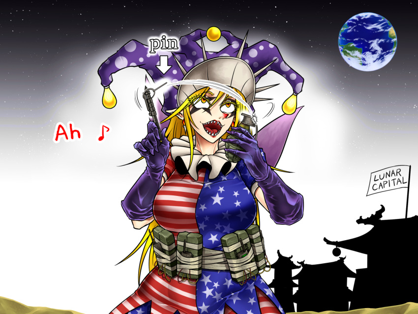 1girl american_flag american_flag_legwear american_flag_shirt architecture arrow_(symbol) bangs blonde_hair breasts c4 clownpiece commentary_request cowboy_shot earth east_asian_architecture eighth_note english_text explosive eyebrows_visible_through_hair eyes_visible_through_hair fairy_wings gloves grenade grenade_pin hair_between_eyes hat jester_cap large_breasts long_hair looking_up makeup music musical_note neck_ruff open_mouth orange_eyes pen pen-pineapple-apple-pen pointy_ears polka_dot polka_dot_headwear purple_gloves purple_headwear ryuuichi_(f_dragon) sharp_teeth singing sky solo star-shaped_pupils star_(sky) star_(symbol) star_print starry_sky suicide_bomb symbol-shaped_pupils teeth terrorism touhou wings