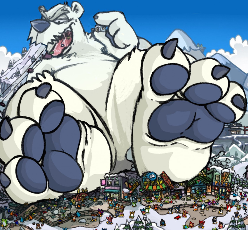3_toes 4_fingers ambiguous_gender anthro avian barefoot biped bird bodily_fluids claws club_penguin crush destruction eyebrows featureless_crotch feet fingers foot_focus fur group half-closed_eyes herbert_p._bear macro male mammal meepmoopmoob mountain narrowed_eyes nude open_mouth oral_vore pawpads paws penguin polar_bear saliva sitting size_difference slightly_chubby snow toe_claws toes ursid ursine video_games vore white_body white_fur