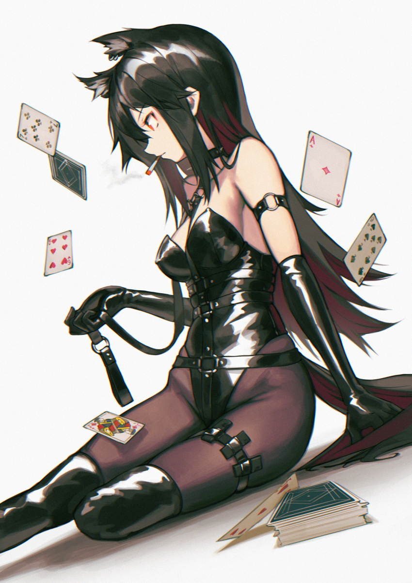 1girl ace_of_diamonds alternate_costume animal_ears arknights arm_strap arm_support black_collar black_gloves black_hair black_legwear black_leotard breasts card cigarette collar colored_inner_hair commentary dutch_angle elbow_gloves english_commentary extra_ears feet_out_of_frame five_of_hearts gloves highres holding holding_leash jack_of_diamonds leash leotard long_hair medium_breasts mouth_hold multicolored_hair nine_of_spades over-kneehighs playing_card red_eyes red_hair seven_of_clubs shadow six_of_hearts smoke smoking solo strapless strapless_leotard tail texas_(arknights) thighhighs veilrain white_background wolf_ears wolf_tail