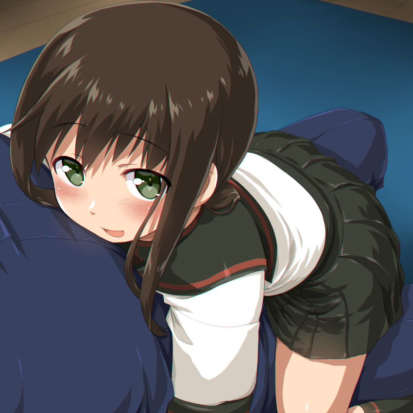 1girl 1other bangs blush brown_hair commentary_request dd_(ijigendd) eyebrows_visible_through_hair fubuki_(kantai_collection) green_eyes highres hug kantai_collection kneehighs long_hair looking_at_viewer low_ponytail monochrome open_mouth pleated_skirt ponytail sailor_collar school_uniform serafuku sidelocks sitting sitting_on_lap sitting_on_person skirt smile solo