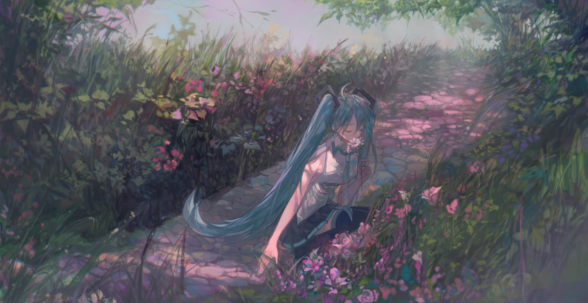 1girl aqua_hair aqua_neckwear bare_shoulders black_legwear black_skirt closed_eyes commentary dappled_sunlight flower genn_00o hair_ornament hatsune_miku highres holding holding_flower long_hair miniskirt necktie pink_flower pleated_skirt purple_flower shirt skirt sleeveless sleeveless_shirt smelling_flower solo squatting stone_walkway sunlight thighhighs twintails very_long_hair vocaloid white_shirt wide_shot