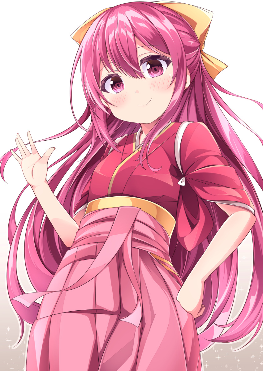 1girl absurdres acchii_(akina) blush bow eyebrows_visible_through_hair hair_bow hair_ribbon hakama hand_up highres japanese_clothes kamikaze_(kantai_collection) kantai_collection kimono looking_at_viewer pink_hakama purple_eyes purple_hair ribbon simple_background smile solo tasuki white_background yellow_bow yellow_ribbon