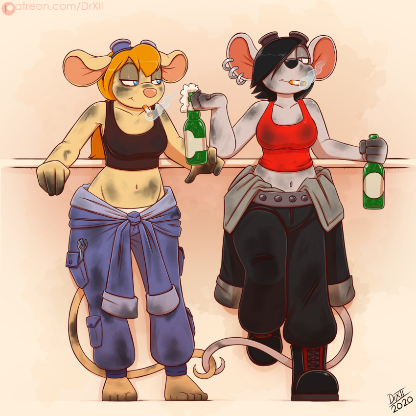 1:1 alcohol anthro beer beverage black_hair blonde_hair blue_eyes breasts chip_'n_dale_rescue_rangers clothed clothing digital_media_(artwork) disney drxii duo ear_piercing entwined_tails eyewear female female/female fur gadget_hackwrench glitch_(chip_'n_dale_rescue_rangers) goggles hair hi_res mammal mouse murid murine piercing rodent simple_background smile smoking tail_coil
