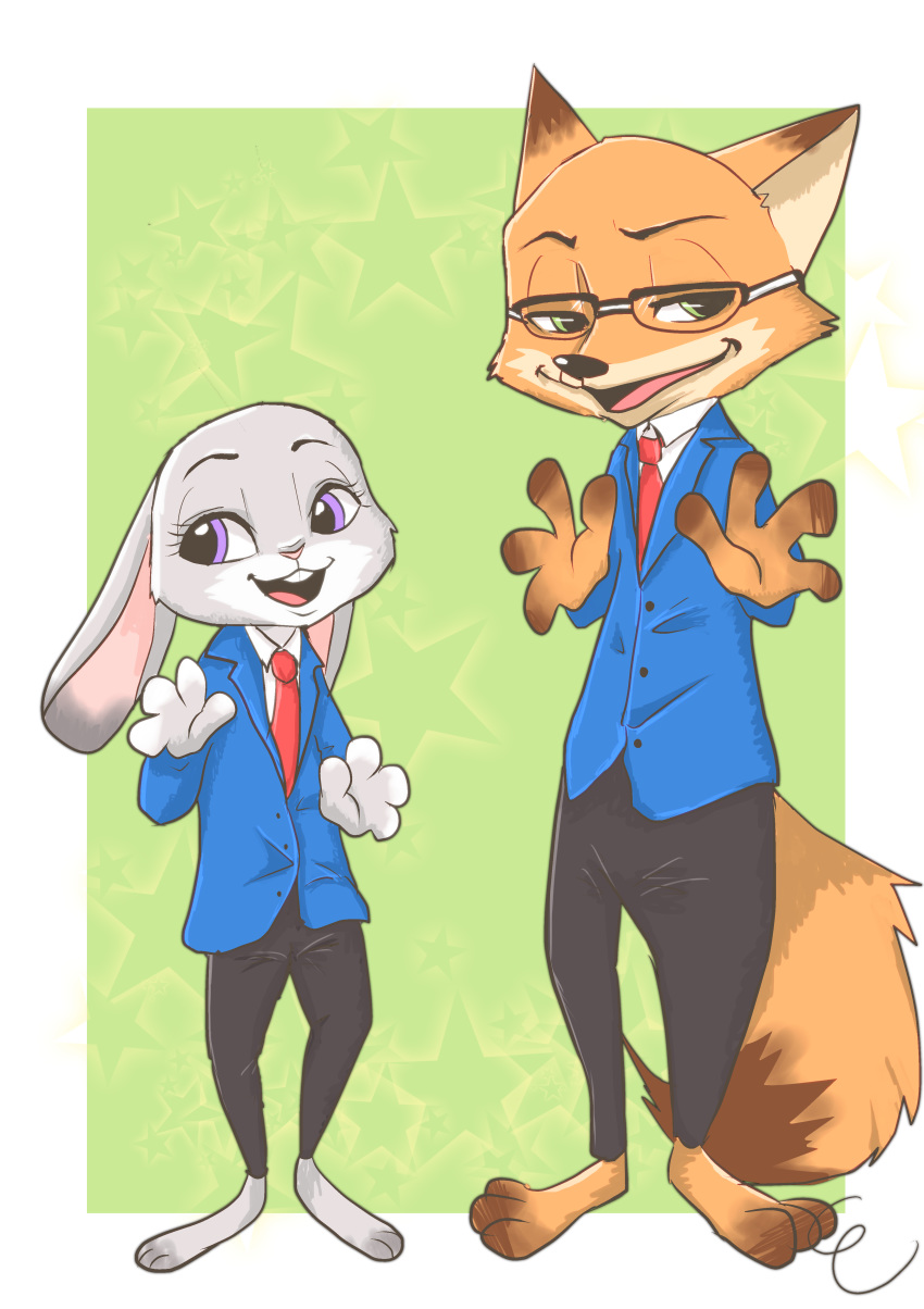 2016 absurd_res anthro barefoot border buckteeth canid canine clothed clothing disney duo eyewear ezumi_mh fox fully_clothed fur glasses green_background green_eyes grey_body grey_fur hi_res judy_hopps lagomorph leporid mammal nick_wilde open_mouth open_smile orange_body orange_fur purple_eyes rabbit red_fox simple_background smile standing teeth white_border zootopia