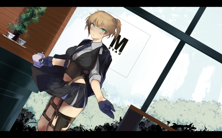 1girl bangs black_gloves blonde_hair blue_gloves blush braid breasts collared_shirt commentary_request corset day desk dutch_angle eyebrows_visible_through_hair girls_frontline gloves green_eyes grey_shirt highres holding holding_teapot holster indoors jacket_on_shoulders kojima_(blue_stardust) letterboxed looking_at_viewer medium_breasts necktie open_mouth revision saucer shirt short_hair sidelocks skindentation skirt sleeves_rolled_up smile solo striped_vest teapot thigh_holster twintails weapon welrod_mk2_(girls_frontline) window