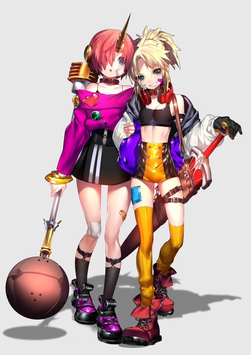 2girls :o alternate_costume arm_grab bandaid bandaid_on_face bandaid_on_knee bandaid_on_leg bangle bangs bare_shoulders black_collar black_legwear blonde_hair blue_eyes boots bracelet braid clarent fate/grand_order fate_(series) frankenstein's_monster_(fate) frankenstein's_monster_(fate) french_braid full_body grin hair_over_eyes hand_in_pocket headgear headphones headphones_around_neck highres holding holding_weapon horn jacket jewelry looking_at_viewer mace midriff miniskirt mordred_(fate) mordred_(fate)_(all) multiple_girls navel off-shoulder_shirt open_clothes open_jacket parted_bangs pink_hair rahato red_collar red_footwear ribbed_legwear sheath sheathed shirt short_hair short_shorts shorts skirt smile sports_bra standing teeth thigh_strap thighhighs walking weapon yellow_legwear