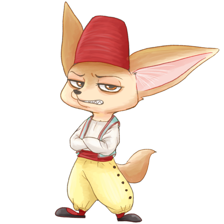 1:1 absurd_res anthro canid canine clothed clothing crossed_arms disney ezumi_mh fennec finnick fox fully_clothed fur hat headgear headwear hi_res inner_ear_fluff looking_at_viewer mammal simple_background solo standing tan_body tan_fur tuft white_background zootopia