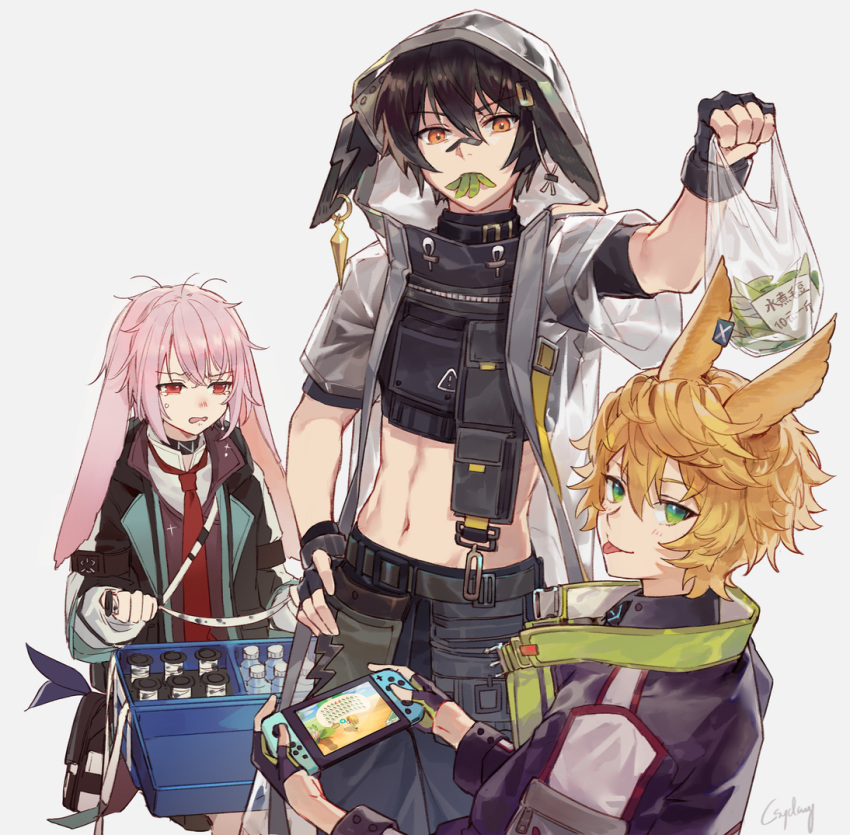 3boys animal_ears ansel_(arknights) arknights arm_up ayerscarpe_(arknights) bag bandages bandaid bandaid_on_nose bangs black_choker black_coat black_gloves black_hair black_jacket black_pants black_shirt blonde_hair bottle box bunny_ears choker coat cowboy_shot crop_top cropped_jacket csyday edamame_(food) fingerless_gloves frown gloves green_eyes grey_jacket hair_between_eyes holding holding_bag hood hood_up jacket leonhardt_(arknights) long_hair long_sleeves male_focus messy_hair midriff mouth_hold multiple_boys necktie nintendo_switch orange_eyes otoko_no_ko pants pink_hair rabbit_boy red_eyes red_neckwear shirt short_hair short_sleeves simple_background tongue tongue_out upper_body white_background white_gloves