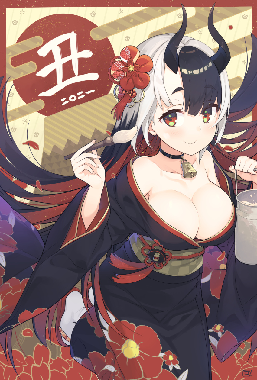 1girl 2021 absurdres bangs bell bell_choker black_choker black_hair black_kimono breasts chinese_zodiac choker cleavage closed_mouth collarbone commentary_request cow_horns egasumi eyebrows_visible_through_hair hair_between_eyes highres holding holding_paintbrush horns japanese_clothes kimono large_breasts long_hair long_sleeves looking_at_viewer milk mount_fuji multicolored_hair new_year off_shoulder original paintbrush red_eyes red_footwear red_hair silver_hair smile socks solo standing standing_on_one_leg tabi tam-u thick_eyebrows two-tone_hair very_long_hair white_legwear wide_sleeves year_of_the_ox zouri