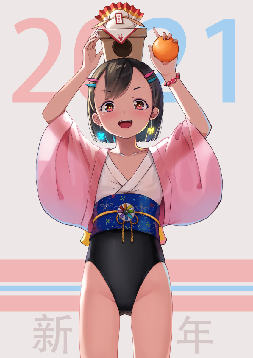 1girl 2021 :d arms_up bangs black_hair black_leotard collarbone commentary_request earrings eyebrows_visible_through_hair food fruit glowing hair_ornament hairclip highres japanese_clothes jewelry kagami_mochi kimono leotard liclac mandarin_orange new_year obi open_mouth original red_eyes sash short_hair short_sleeves smile solo standing translation_request white_kimono wide_sleeves yukata