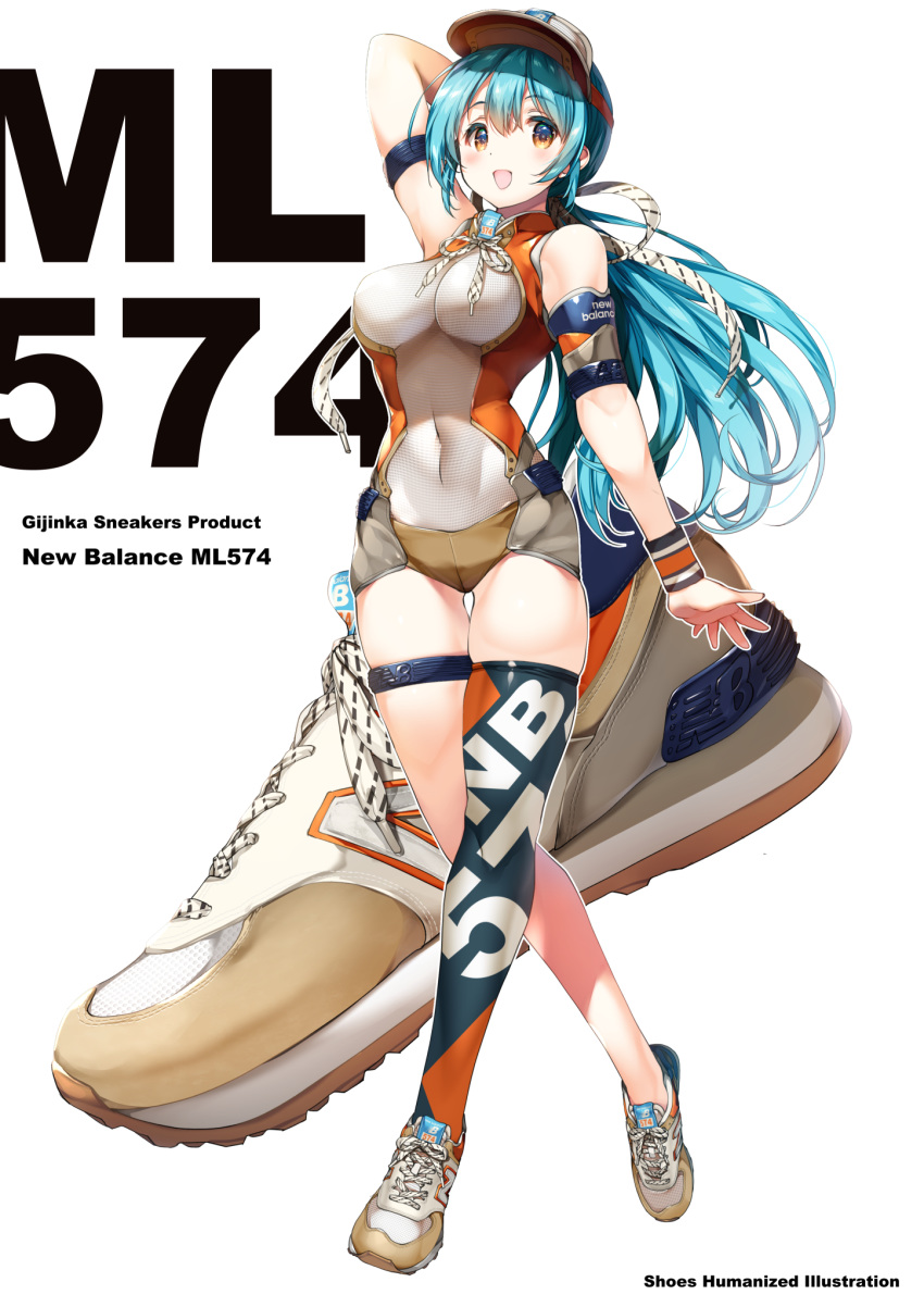 1girl arm_behind_head blue_hair commentary_request english_text eyebrows_visible_through_hair fashion gradient_eyes hair_between_eyes highres long_hair multicolored multicolored_eyes new_balance open_mouth original personification shimesaba_kohada shoes single_thighhigh sneakers solo thighhighs visor_cap white_background