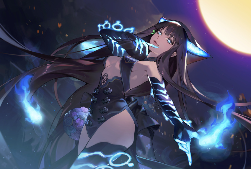 1girl bangs bare_shoulders black_hair blue_eyes blue_fire breasts cleavage dutch_angle elbow_gloves fate/grand_order fate_(series) fire fireball gloves glowing glowing_eyes highres hug_(yourhug) light_smile long_hair looking_at_viewer medium_breasts moon moonlight night outdoors smug solo standing star_(sky) thighhighs very_long_hair yang_guifei_(fate/grand_order)