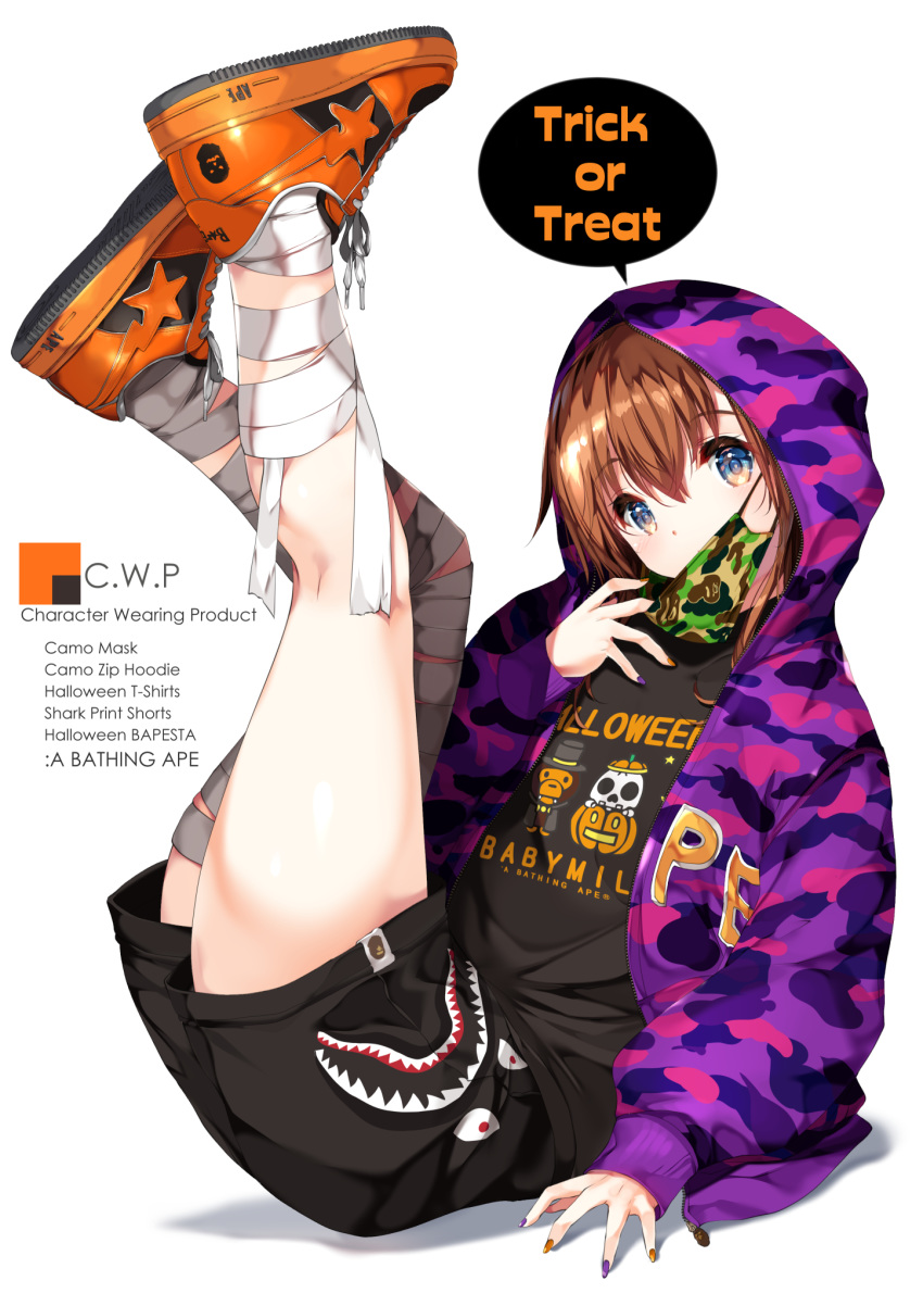 1girl bandaged_leg bandages bape black_shirt black_shorts blue_eyes brown_hair camouflage_hoodie commentary_request english_text eyebrows_visible_through_hair fashion hair_between_eyes halloween highres hood hoodie legs_up looking_at_viewer mask mouth_mask nail_polish open_clothes open_hoodie original purple_hoodie shimesaba_kohada shirt shoes short_hair shorts sneakers speech_bubble t-shirt trick_or_treat two-tone_footwear white_background