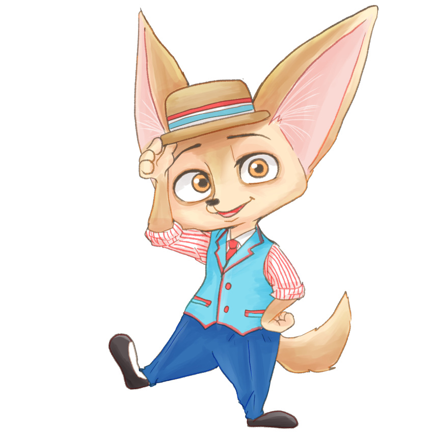 1:1 absurd_res anthro bottomwear canid canine clothed clothing disney ezumi_mh fennec finnick fox fully_clothed fur hat headgear headwear hi_res inner_ear_fluff looking_at_viewer male mammal open_mouth open_smile pants shirt simple_background smile solo tan_body tan_fur topwear tuft white_background zootopia