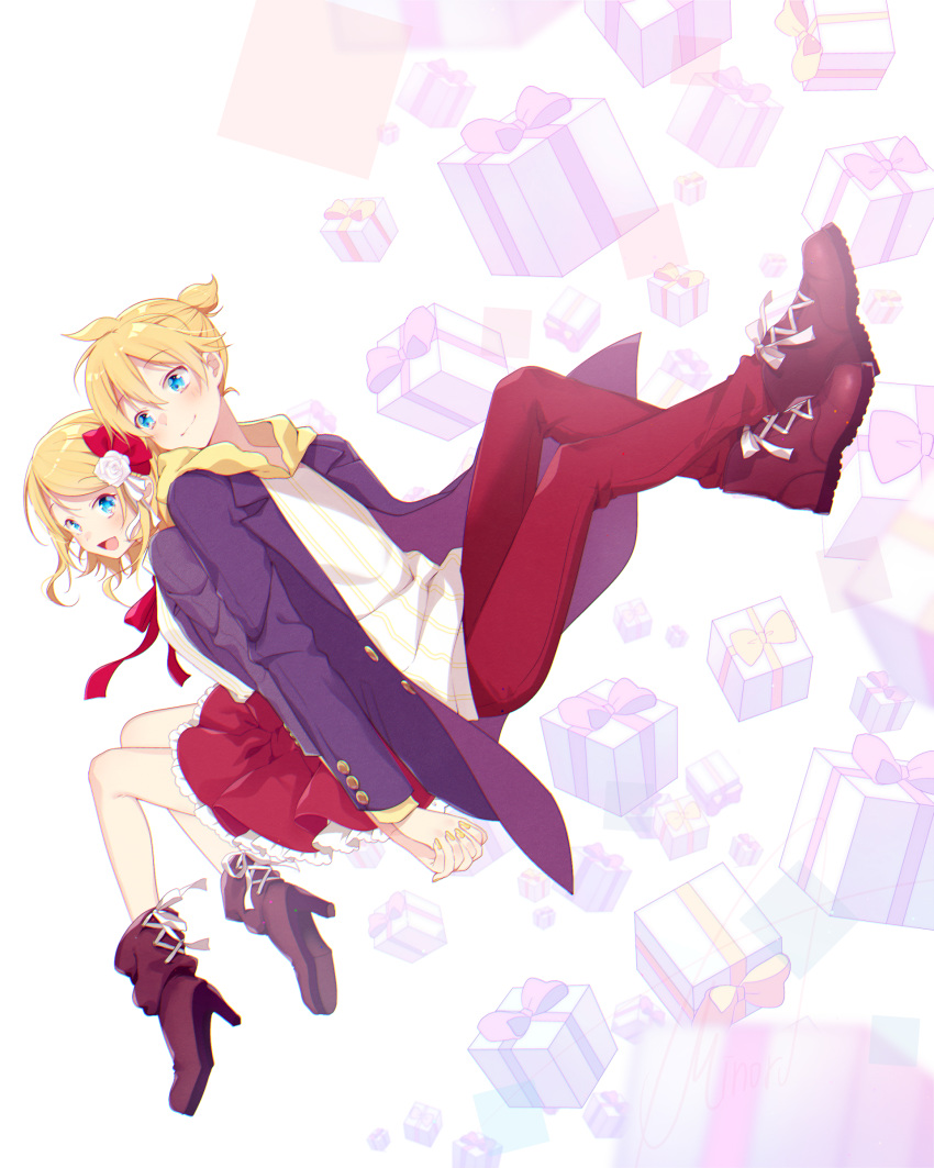 absurdres asagao_minoru back-to-back blonde_hair blue_coat blue_eyes blush boots box coat commentary dated dutch_angle floating flower frilled_skirt frills gift gift_box hair_flower hair_ornament hair_ribbon happy_birthday heart high_heel_boots high_heels highres holding_hands hooded_shirt kagamine_len kagamine_rin looking_at_another miniskirt nail_polish open_mouth pants red_pants red_ribbon red_skirt ribbon rose shirt short_hair short_ponytail sitting skirt smile spiked_hair striped striped_shirt vocaloid white_background white_flower white_rose white_shirt yellow_nails