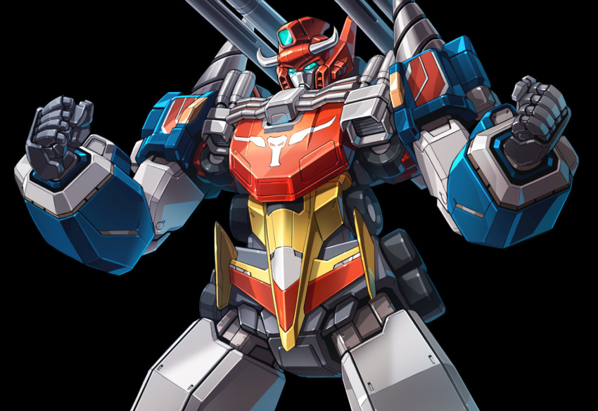 black_background blue_eyes clenched_hands densetsu_no_yuusha_da-garn drill glowing glowing_eyes horns korean_commentary land_ox looking_down mecha no_humans solo super_robot taedu yuusha_series