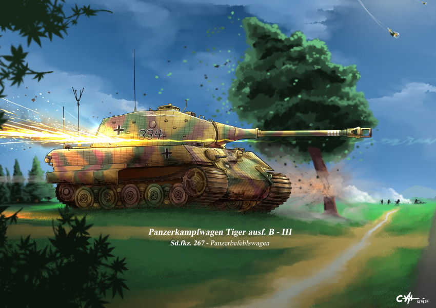 absurdres aircraft artist_request bush caterpillar_tracks cloud dated day english_commentary forest grass ground_vehicle highres iron_cross military military_vehicle motor_vehicle nature original sky smoke tank tiger_ii tree world_war_ii