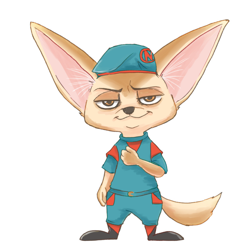 1:1 absurd_res anthro canid canine clothed clothing disney ezumi_mh fennec finnick fox full-length_portrait fully_clothed fur hat headgear headwear hi_res inner_ear_fluff looking_at_viewer mammal portrait simple_background smile solo standing tan_body tan_fur tuft white_background zootopia