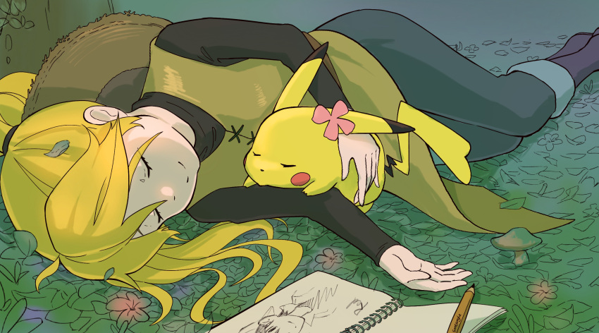 1girl bangs black_shirt blonde_hair boots chinese_commentary closed_eyes closed_mouth commentary_request eyelashes foot_out_of_frame hat hat_removed headwear_removed highres joeychen long_hair long_sleeves lying on_side pants pencil pikachu pokemon pokemon_(creature) pokemon_adventures shirt sketchbook sleeping smile split_mouth yellow_(pokemon)