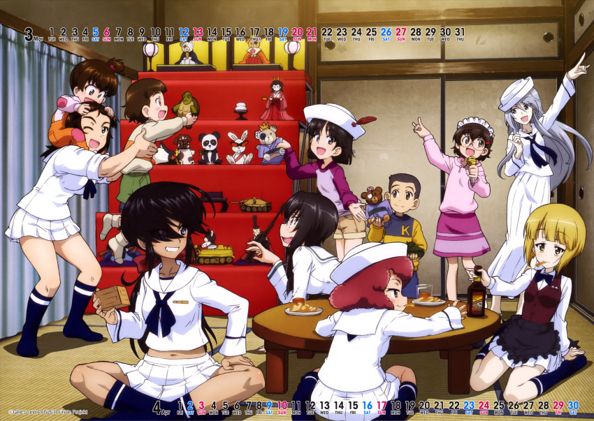 1boy 6+girls :d absurdres apron arms_up bangs black_hair black_legwear black_necktie blonde_hair boko_(girls_und_panzer) bow bowtie box brown_eyes brown_hair brown_shorts calendar_(medium) carrying cookie cutlass_(girls_und_panzer) doll door eating eyebrows_visible_through_hair fang flint_(girls_und_panzer) food food_in_mouth girls_und_panzer glass glasses green_skirt hair_between_eyes hair_ornament highres hinamatsuri holding holding_box holding_doll indian_style indoors kawashima_momo long_skirt midriff_peek multiple_girls murakami_(girls_und_panzer) navel necktie official_art ogin_(girls_und_panzer) one_eye_closed ooarai_naval_school_uniform ooarai_school_uniform open_mouth orange_overalls overalls piggyback pink_shirt plate pleated_skirt purple_shirt red_hair red_vest rum_(girls_und_panzer) sailor_collar scan school_uniform serafuku shirt short_hair shorts silver_hair sitting skirt sleeves_rolled_up smile socks standing stuffed_animal stuffed_toy table tan_shirt tatami toy toy_tank vest waitress white_headwear white_sailor_collar white_shirt white_skirt