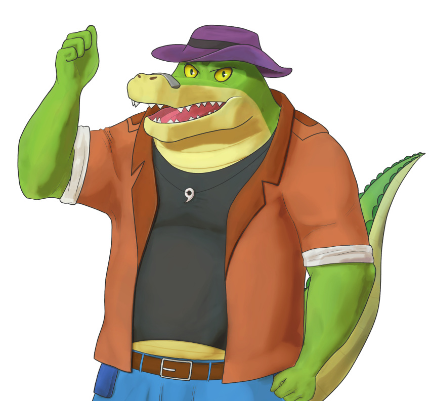 2020 581rsiy alligator alligatorid anthro bottomwear brok_(character) brok_the_investigator clothing crocodilian green_body hat headgear headwear hi_res humanoid_hands kemono male pants reptile scalie shirt simple_background solo topwear white_background