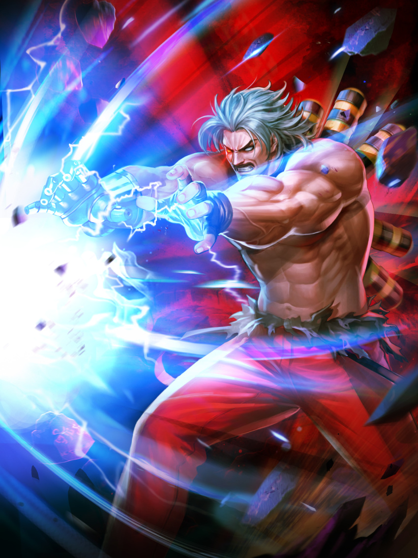 abs bare_pecs biceps chest_harness cyborg glowing glowing_eye harness heterochromia highres manly mechanical_arm mechanical_parts muscular muscular_male official_art omega_rugal open_hands pants pectorals prosthesis red_pants rugal_bernstein snk suspenders suspenders_slip the_king_of_fighters the_king_of_fighters_'95 the_king_of_fighters_all-stars toned toned_male white_hair