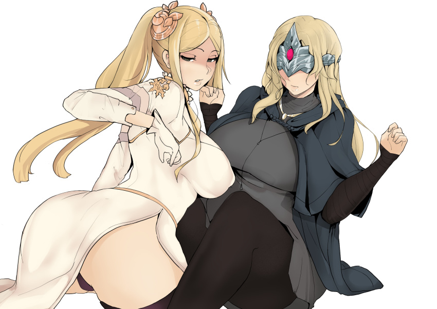 2girls absurdres bangs black_legwear black_panties blonde_hair breasts cloak closed_mouth covered_eyes covered_nipples dark_souls_iii dress eye_mask fire_keeper gloves grey_dress hair_ornament high_ponytail highres large_breasts long_hair mask multiple_girls nier_(series) nier_automata panties pantyhose parted_bangs parted_lips puzenketsu side_slit sidelocks souls_(from_software) thighhighs underwear white_background white_dress white_gloves yorha_infantry_squad_commander