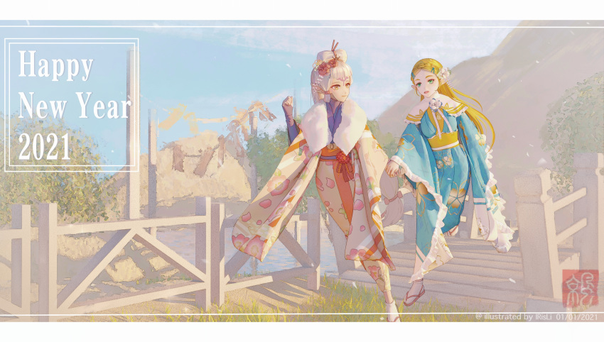 2girls absurdres blonde_hair flower forehead_tattoo green_eyes hair_flower hair_ornament hair_stick happy_new_year highres holding_hands hyrule_warriors:_age_of_calamity impa irisl japanese_clothes kimono long_hair low-tied_long_hair multiple_girls new_year open_mouth princess_zelda scenery silver_hair the_legend_of_zelda the_legend_of_zelda:_breath_of_the_wild very_long_hair