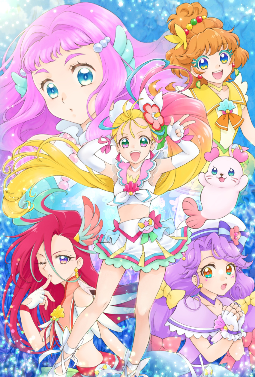5girls :d aizen_(syoshiyuki) ankle_bow aqua_hair armpits bare_legs blonde_hair blue_background blue_bow blue_eyes blue_hair bow brown_eyes brown_hair butterfly_hair_ornament choker colored_eyelashes creature crop_top cure_coral cure_flamingo cure_papaya cure_summer earrings elbow_gloves feather_earrings feathers finger_to_mouth fingerless_gloves flower gloves gradient_hair green_eyes hair_bow hair_bun hair_flower hair_ornament hat hat_bow heart heart_in_eye hibiscus highres ichinose_minori jewelry kururun_(precure) laura_(precure) light_particles long_hair looking_at_viewer magical_girl multi-tied_hair multicolored multicolored_eyes multicolored_hair multiple_girls multiple_hair_bows natsumi_manatsu one_eye_closed open_mouth pink_bow pink_eyes pink_hair pouch precure purple_eyes purple_hair purple_neckwear red_hair red_skirt sailor_hat shoes skirt smile streaked_hair striped striped_bow suzumura_sango symbol_in_eye takizawa_asuka thick_eyebrows triangle_earrings tropical-rouge!_precure twintails v very_long_hair white_bow white_footwear white_gloves white_skirt wrist_bow yellow_bow yellow_eyes yellow_neckwear