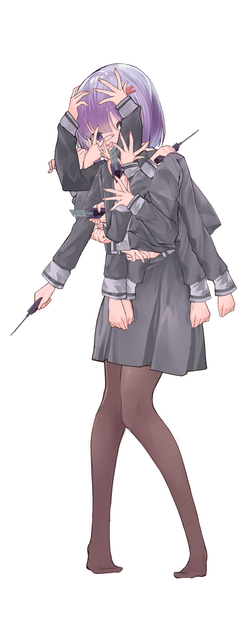 1girl a.i._voice absurdres boxcutter covering_face extra_arms full_body grey_shirt grey_skirt hair_ornament hairclip hands_on_lap hands_on_own_face hands_on_own_head hands_up highres holding_boxcutter microa miniskirt no_shoes own_hands_together pantyhose pigeon-toed pleated_skirt purple_eyes purple_hair school_uniform shirt short_hair simple_background skirt solo standing surreal voiceroid white_background yuzuki_yukari yuzuki_yukari_(shizuku)