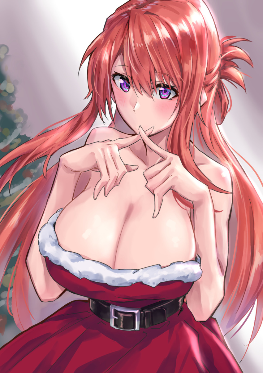 1girl aqua_eyes bangs bare_arms bare_shoulders belt belt_buckle blurry blurry_background blush breasts buckle christmas_tree collarbone commentary dress eyebrows_visible_through_hair fingers fingers_to_mouth fingers_together folded_ponytail hair_between_eyes half_updo hands_up high_belt highres index_fingers_together large_breasts long_hair looking_away low_neckline multicolored multicolored_eyes no_mouth original purple_eyes red_dress red_hair sakazuki_sudama santa_costume sidelocks sleeveless sleeveless_dress solo strapless strapless_dress upper_body