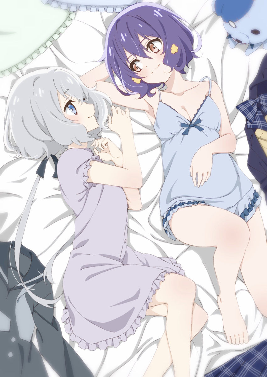 2girls arm_behind_head arm_up bangs barefoot bed_sheet black_ribbon blue_eyes blue_hair blush breasts brown_eyes chemise cleavage closed_mouth clothes_removed commentary frilled_sleeves frills hair_ornament hair_ribbon hand_on_own_stomach highres knee_up konno_junko lingerie long_hair looking_at_another low_twintails lying medium_breasts mizuno_ai multiple_girls nakamura_kou nightgown on_back on_bed on_side purple_nightgown ribbon romero_(zombie_land_saga) short_hair short_sleeves silver_hair smile stuffed_animal stuffed_dog stuffed_toy twintails underwear yuri zombie_land_saga