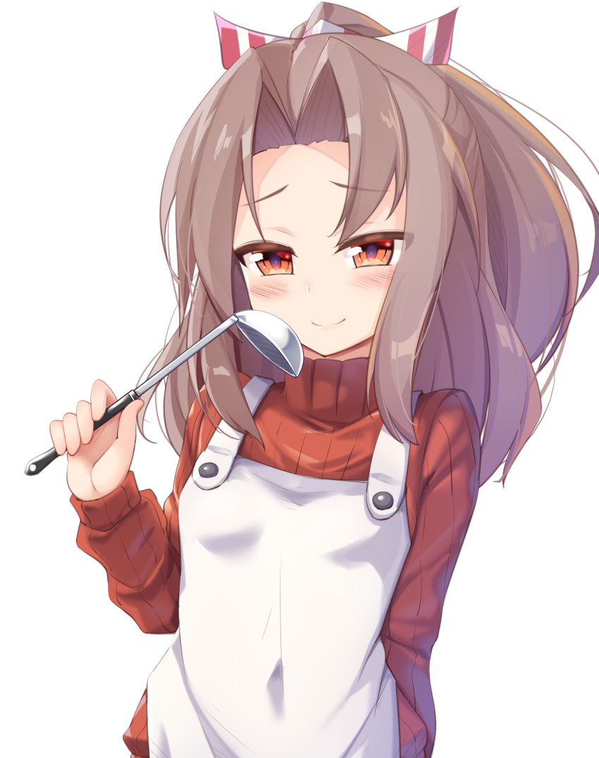 1girl alternate_costume apron brown_eyes hachimaki headband high_ponytail highres holding holding_ladle kantai_collection kurokoshou_(emuburemu123) ladle light_brown_hair long_hair long_sleeves red_sweater ribbed_sweater solo sweater turtleneck turtleneck_sweater white_apron zuihou_(kantai_collection)