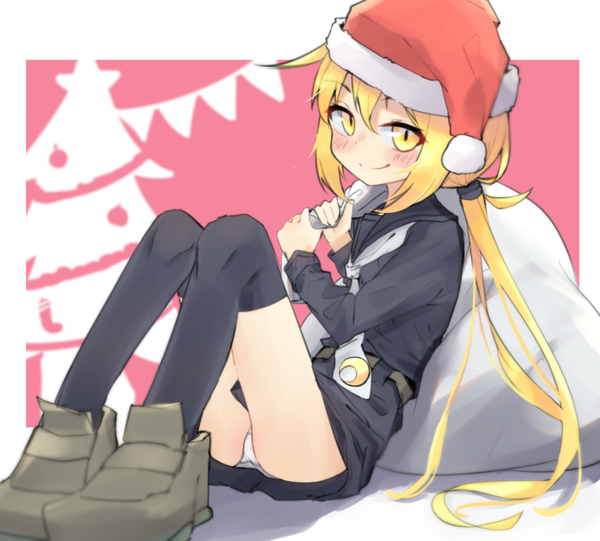 1girl black_sailor_collar black_serafuku black_skirt blonde_hair blush closed_mouth crescent crescent_moon_pin hair_between_eyes hat highres kantai_collection long_hair long_sleeves low_twintails makkusu_(max_101010) neckerchief panties sack sailor_collar santa_hat satsuki_(kantai_collection) school_uniform serafuku skirt smile solo twintails underwear white_neckwear white_panties yellow_eyes