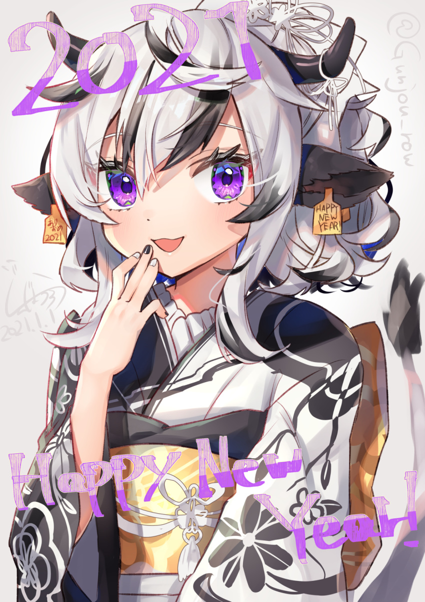 1girl 2021 akeome animal_ears black_kimono chinese_zodiac cow_ears cow_girl cow_horns cow_tail dated ear_tag eyelashes fingernails floral_print grey_background gunjou_row hair_ornament hair_ribbon hand_on_own_face happy_new_year highres horn_ornament horns japanese_clothes kimono looking_at_viewer multicolored_hair nail_polish new_year obi open_mouth original purple_eyes ribbon sash short_ponytail signature silver_hair simple_background solo standing streaked_hair tail twitter_username upper_body white_kimono year_of_the_ox