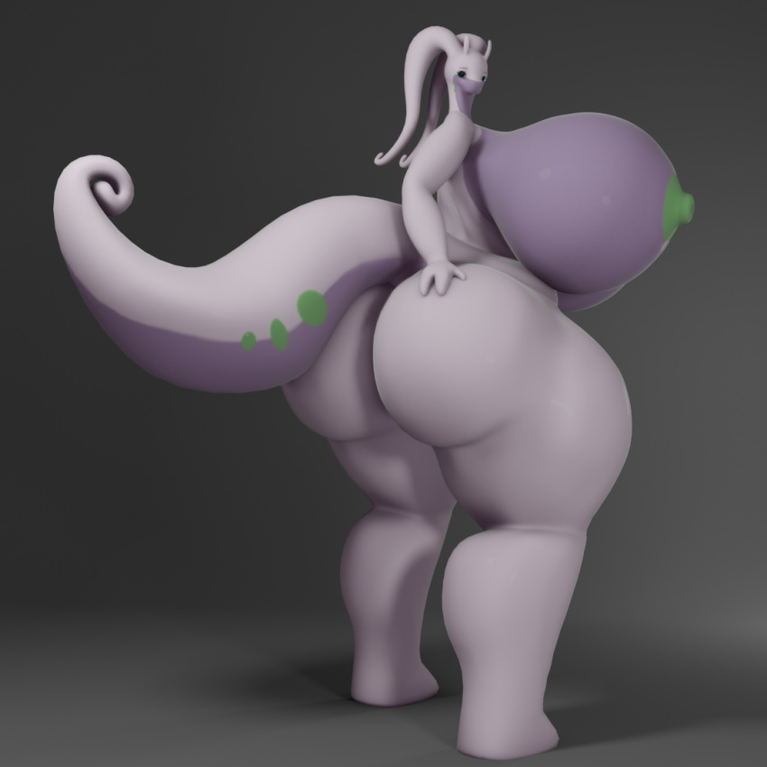 1:1 3d_(artwork) anthro big_breasts big_butt big_tail breasts butt darkdraketom digital_media_(artwork) female goodra green_nipples grey_background hand_on_butt huge_butt looking_at_viewer nintendo nipples pok&eacute;mon pok&eacute;mon_(species) purple_body simple_background solo thick_thighs video_games