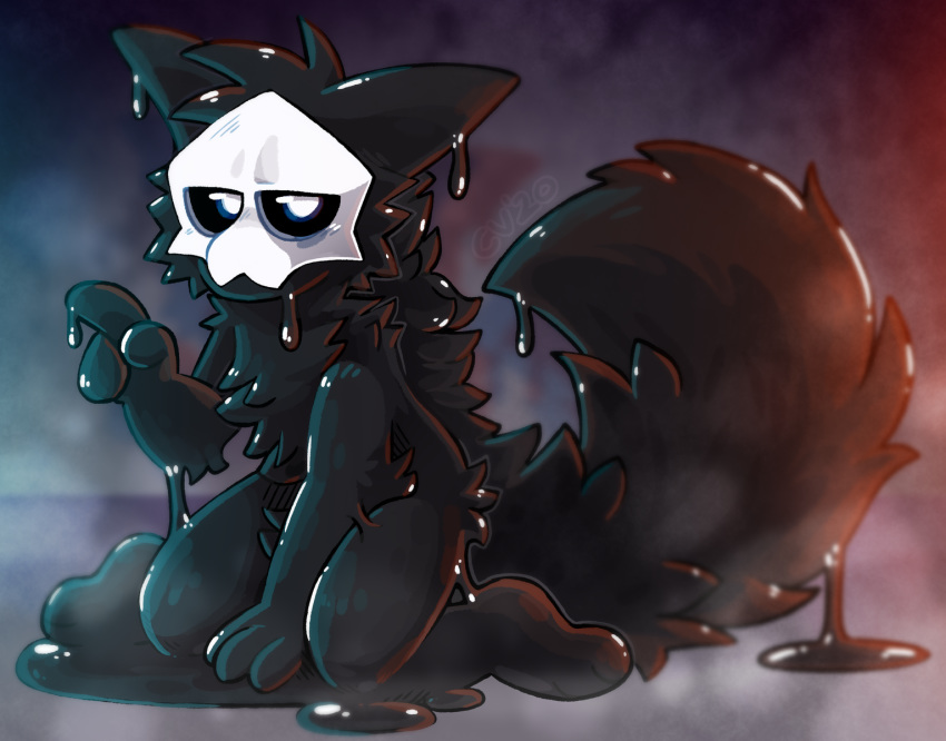 2020 ambiguous_gender black_body black_fur changed_(video_game) crownedvictory fur goo_creature hi_res living_latex male mask melting patreon puro_(changed) shaded simple_background solo tagme