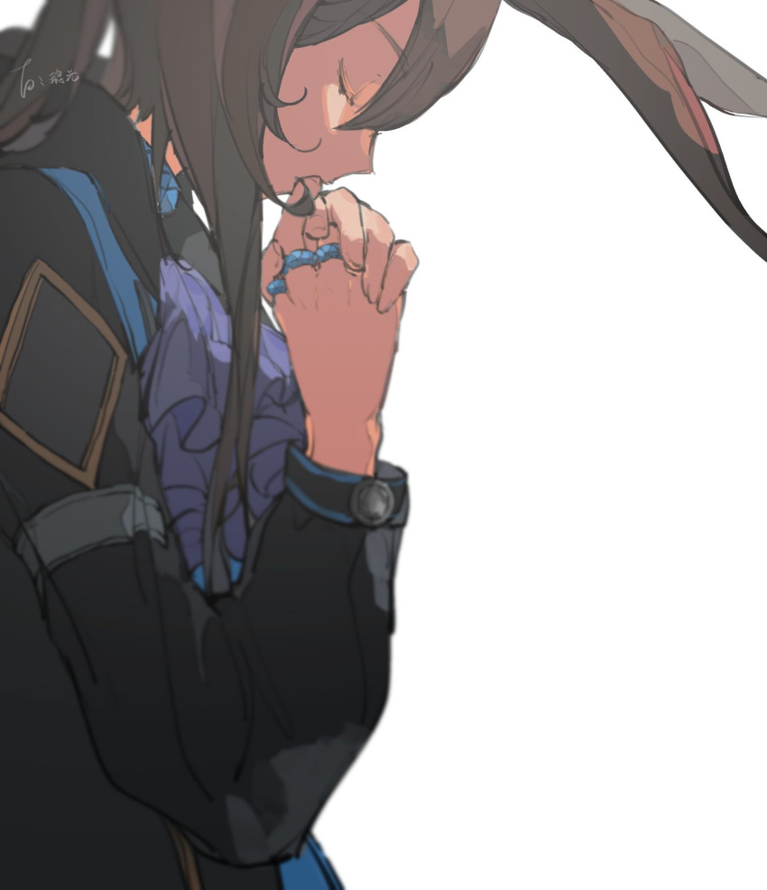 1girl amiya_(arknights) animal_ears arknights ascot black_jacket blue_neckwear brown_hair bunny_ears chocolate_(jitong) closed_eyes from_side hand_to_own_mouth hands_together highres jacket jewelry long_hair multiple_rings praying ring signature simple_background solo upper_body white_background