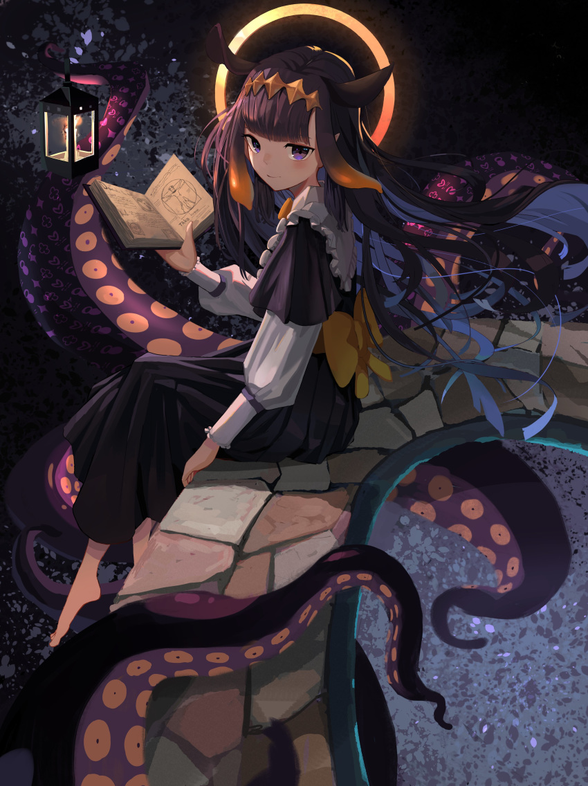 1girl absurdres alternate_costume bangs black_eyes black_hair blunt_bangs book floating_hair from_above from_side halo highres holding holding_book holding_lantern hololive hololive_english lantern lolita_fashion looking_at_viewer mrstomachache ninomae_ina'nis reflection sitting solo tentacle_hair tentacles virtual_youtuber water