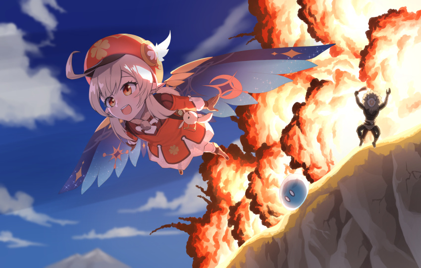 1girl absurdres ahoge backpack bag bangs blonde_hair blue_sky boots cliff cloud cloudy_sky dress explosion flying full_body genshin_impact gliding hair_between_eyes hat hat_feather highres klee_(genshin_impact) knee_boots long_hair long_sleeves low_twintails open_mouth pointy_ears red_dress red_eyes red_headwear skimun sky slime_(genshin_impact) smile twintails white_feathers white_legwear