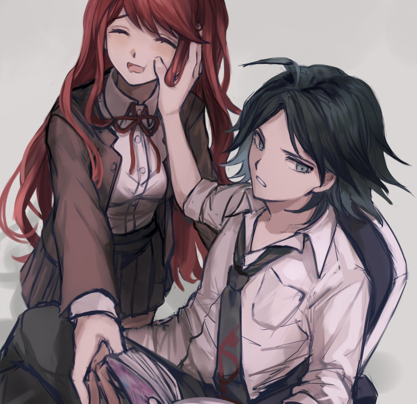 1boy 1girl ahoge bangs black_hair book breast_pocket brown_jacket closed_eyes collared_shirt danganronpa/zero danganronpa_(series) dress_shirt grey_background grey_shirt hand_up highres holding holding_book hope's_peak_academy_school_uniform jacket long_hair long_sleeves matsuda_yasuke medium_hair muuyiie neck_ribbon necktie open_mouth otonashi_ryouko pleated_skirt pocket pushing_away red_hair red_ribbon ribbon school_uniform shirt shirt_tucked_in short_sleeves skirt smile symbol_commentary teeth white_shirt