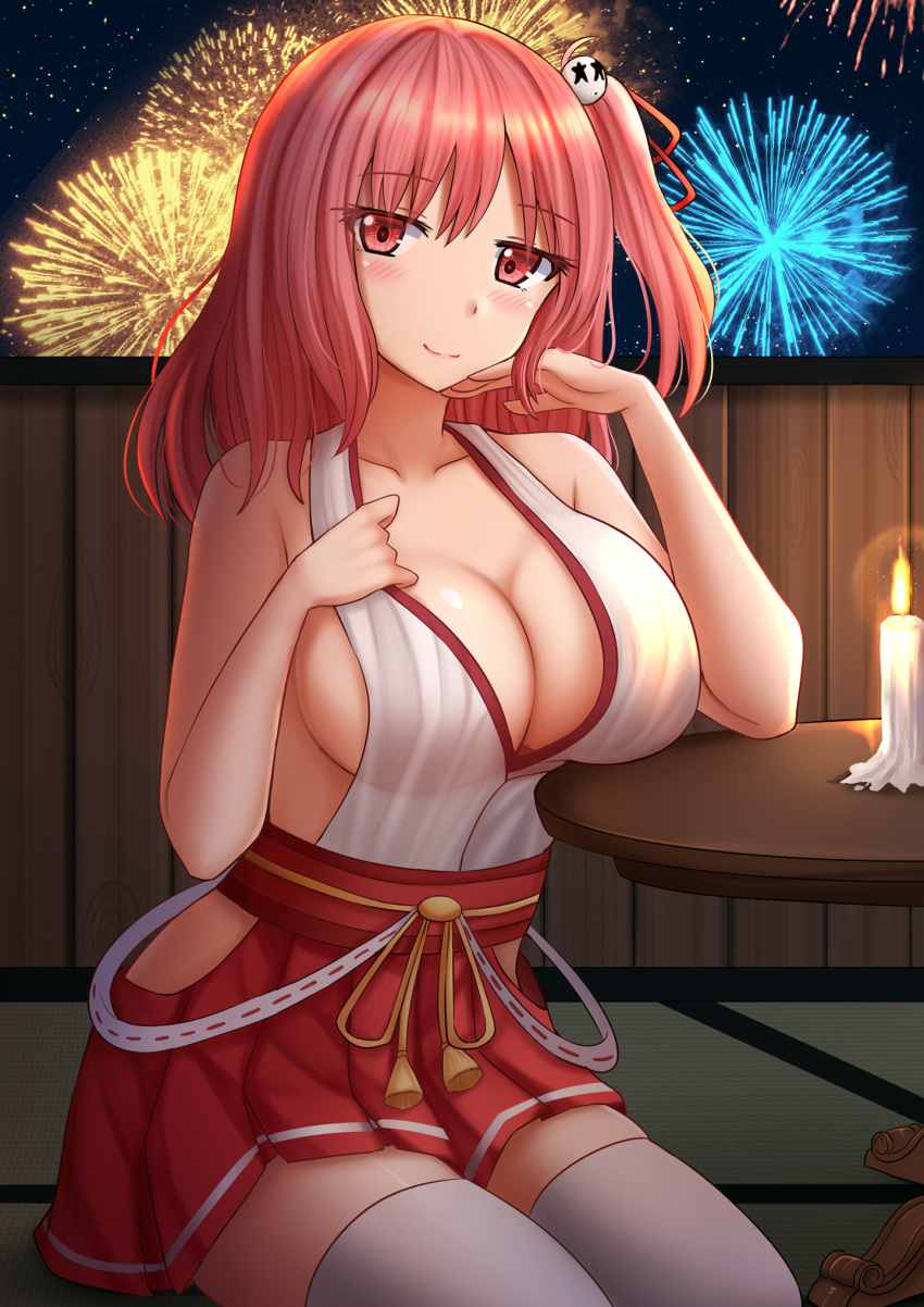 1girl aerial_fireworks azur_lane bare_arms bare_shoulders breasts candle cleavage closed_mouth collarbone commentary dead_or_alive dead_or_alive_5 english_commentary fire fireworks hair_ribbon hakama hakama_skirt hands_up highres hip_vent honoka_(doa) japanese_clothes kazenokaze large_breasts long_hair looking_at_viewer night night_sky one_side_up red_eyes red_hair red_hakama red_ribbon ribbon sky smile solo table thighhighs white_legwear