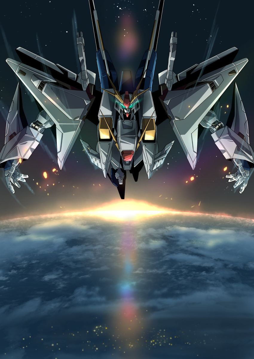absurdres earth flying glowing glowing_eyes green_eyes gundam gundam_hathaway's_flash highres looking_at_viewer mecha no_humans open_hands planet science_fiction solo space tyuuboutyauyo v-fin xi_gundam
