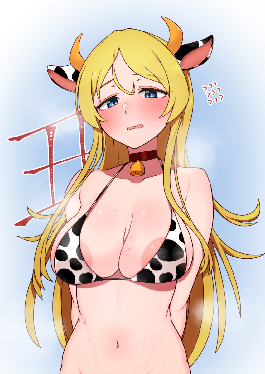 1girl animal_ears animal_print areola_slip areolae arms_behind_back bangs bare_shoulders bell bell_collar bikini bikini_top blonde_hair blue_background blue_eyes blush breasts cleavage collar collarbone commentary_request cow_ears cow_girl cow_horns cow_print cowbell embarrassed eyebrows_visible_through_hair flying_sweatdrops gradient gradient_background hair_between_eyes halter_top halterneck highres horns idolmaster idolmaster_million_live! large_breasts long_hair looking_at_viewer minakami navel open_mouth parted_bangs print_bikini shinomiya_karen sidelocks solo standing steaming_body stomach sweat swimsuit upper_body very_long_hair wavy_mouth white_background