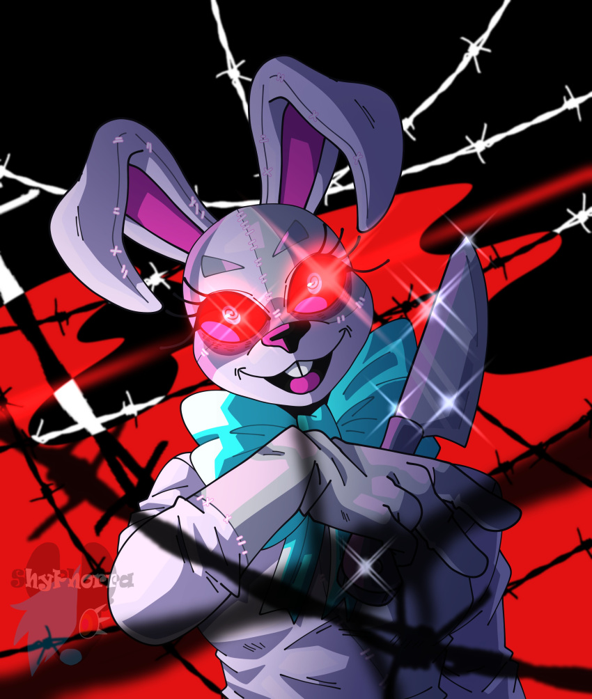 2020 abstract_background absurd_res anthro big_bow_tie big_ears big_eyes black_background black_nose bow_tie breasts buckteeth eyebrows eyelashes female fingers five_nights_at_freddy's five_nights_at_freddy's:_security_breach glowing glowing_eyes hi_res knife lagomorph leporid long_ears looking_at_viewer mammal multicolored_ears open_mouth pink_ears pink_tongue portrait rabbit red_background red_eyes red_sclera shyphorra_(artist) simple_background smile solo standing stitch_(disambiguation) teeth tongue vanny_(fnaf) video_games weapon white_background white_body white_ears white_eyebrows